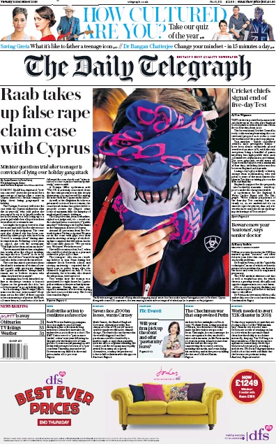 The Daily Telegraph Newspaper Front Page (UK) for 31 December 2019