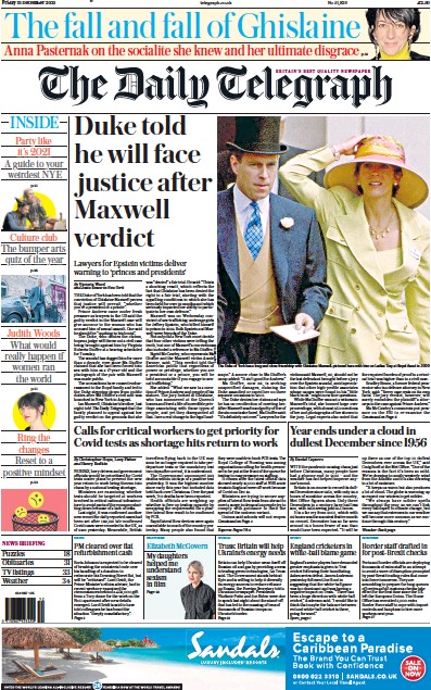 The Daily Telegraph Newspaper Front Page (UK) for 31 December 2021