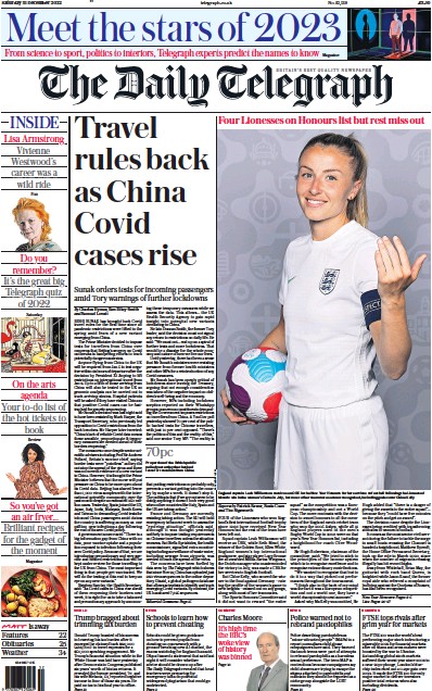 The Daily Telegraph Newspaper Front Page (UK) for 31 December 2022