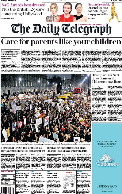 The Daily Telegraph Newspaper Front Page (UK) for 31 January 2017