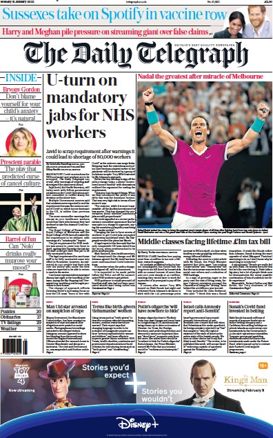 The Daily Telegraph Newspaper Front Page (UK) for 31 January 2022