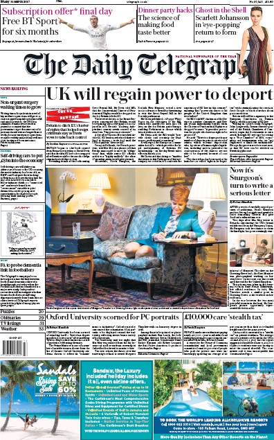 The Daily Telegraph Newspaper Front Page (UK) for 31 March 2017