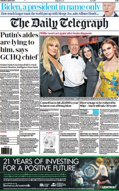 The Daily Telegraph Newspaper Front Page (UK) for 31 March 2022