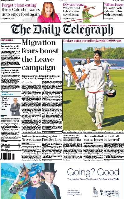 The Daily Telegraph Newspaper Front Page (UK) for 31 May 2016
