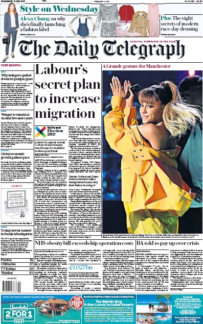 The Daily Telegraph Newspaper Front Page (UK) for 31 May 2017