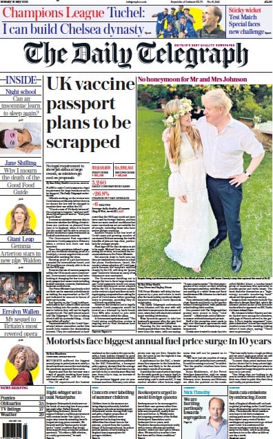 The Daily Telegraph Newspaper Front Page (UK) for 31 May 2021