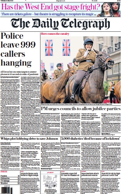 The Daily Telegraph Newspaper Front Page (UK) for 31 May 2022