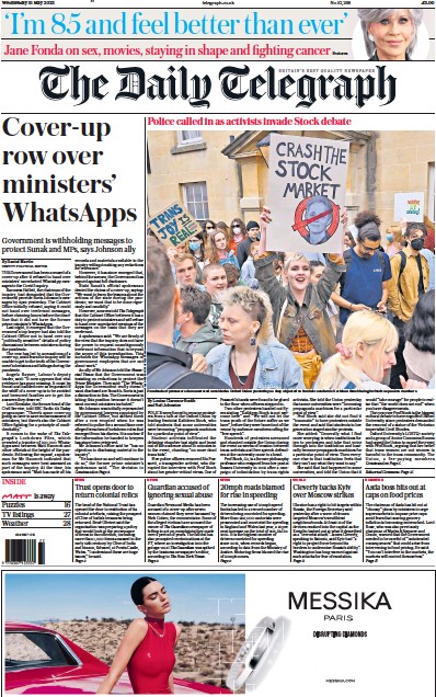 The Daily Telegraph Newspaper Front Page (UK) for 31 May 2023