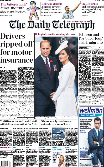 The Daily Telegraph Newspaper Front Page (UK) for 31 July 2017
