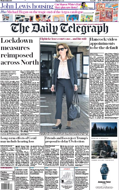 The Daily Telegraph Newspaper Front Page (UK) for 31 July 2020