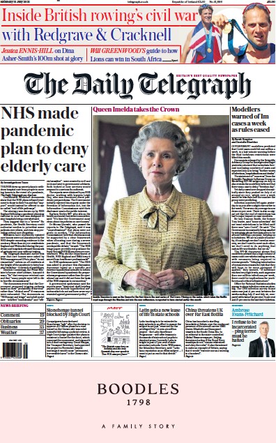 The Daily Telegraph Newspaper Front Page (UK) for 31 July 2021