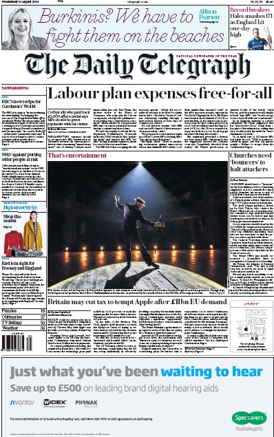 The Daily Telegraph Newspaper Front Page (UK) for 31 August 2016