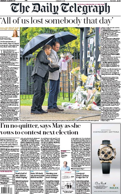 The Daily Telegraph Newspaper Front Page (UK) for 31 August 2017