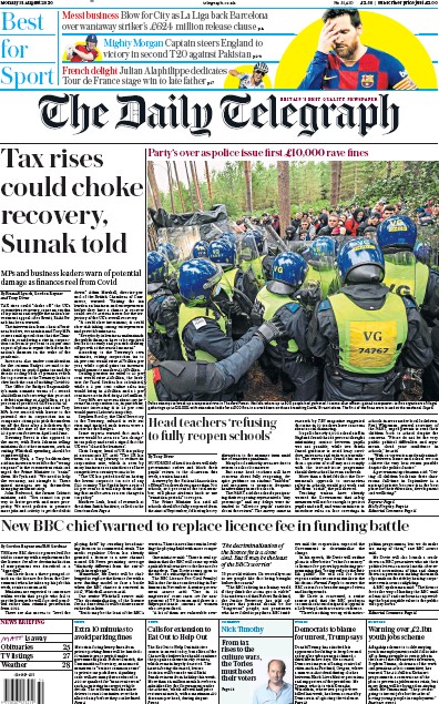 The Daily Telegraph Newspaper Front Page (UK) for 31 August 2020