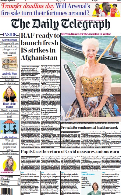The Daily Telegraph Newspaper Front Page (UK) for 31 August 2021