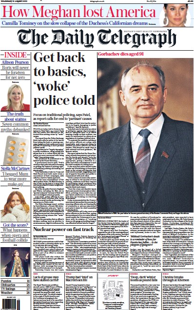 The Daily Telegraph Newspaper Front Page (UK) for 31 August 2022