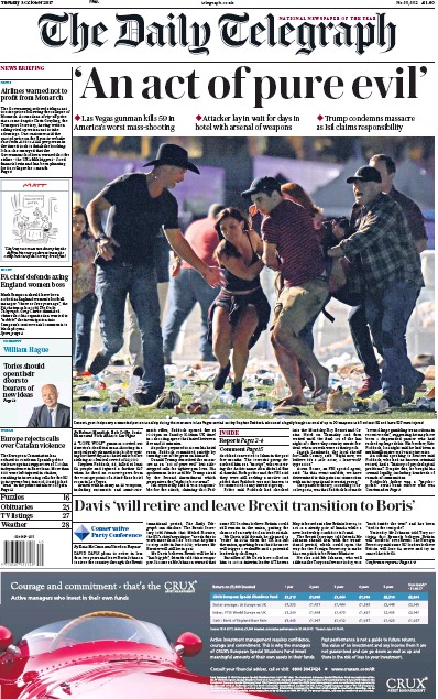 The Daily Telegraph Newspaper Front Page (UK) for 3 October 2017