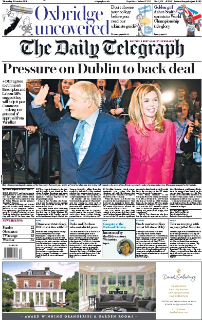 The Daily Telegraph Newspaper Front Page (UK) for 3 October 2019