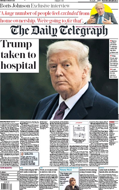 The Daily Telegraph Newspaper Front Page (UK) for 3 October 2020
