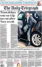 The Daily Telegraph (UK) Newspaper Front Page for 3 October 2022