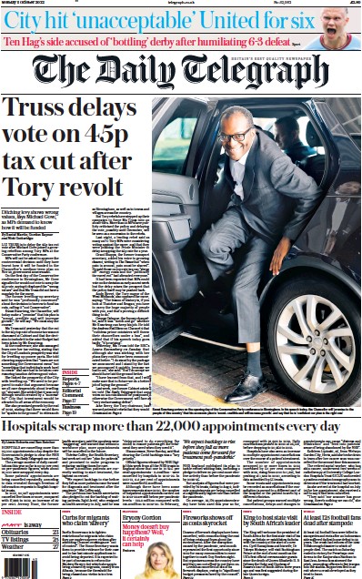 The Daily Telegraph Newspaper Front Page (UK) for 3 October 2022