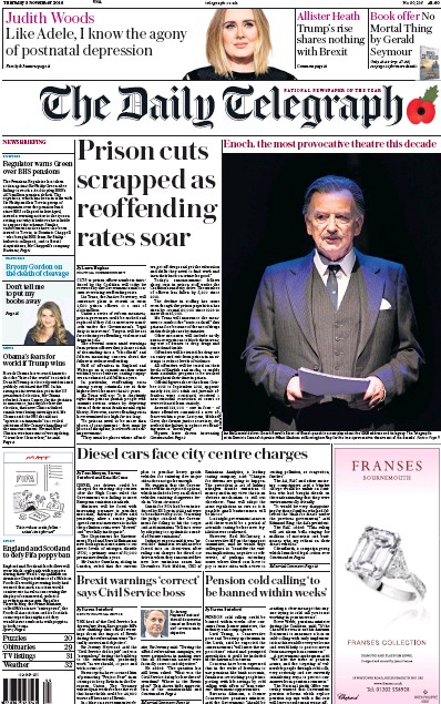 The Daily Telegraph Newspaper Front Page (UK) for 3 November 2016