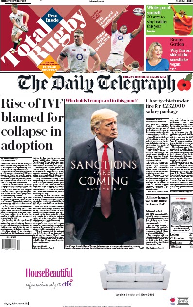 The Daily Telegraph Newspaper Front Page (UK) for 3 November 2018