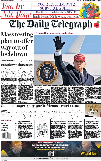 The Daily Telegraph Newspaper Front Page (UK) for 3 November 2020