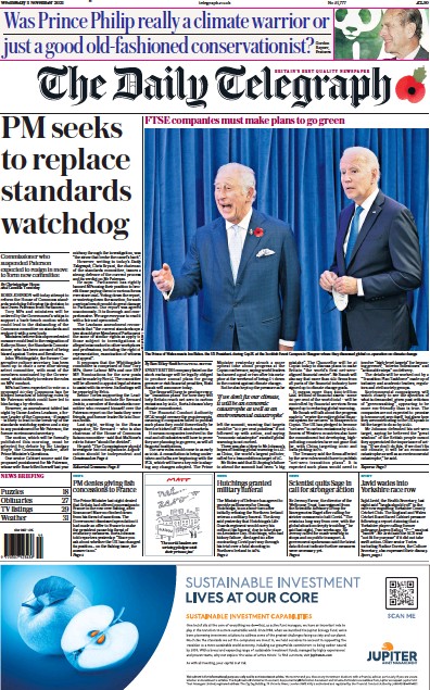 The Daily Telegraph Newspaper Front Page (UK) for 3 November 2021