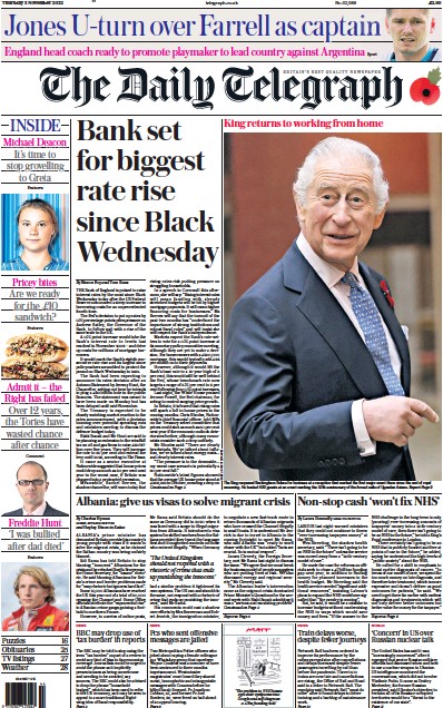 The Daily Telegraph Newspaper Front Page (UK) for 3 November 2022