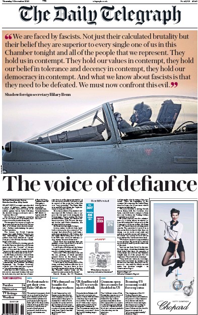 The Daily Telegraph Newspaper Front Page (UK) for 3 December 2015