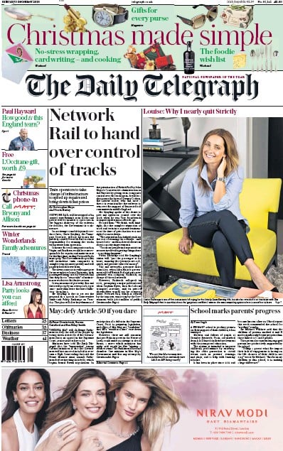 The Daily Telegraph Newspaper Front Page (UK) for 3 December 2016