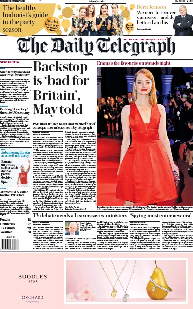 The Daily Telegraph Newspaper Front Page (UK) for 3 December 2018
