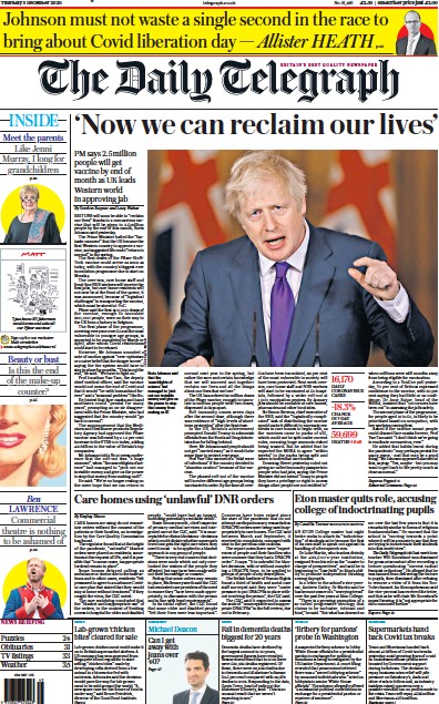 The Daily Telegraph Newspaper Front Page (UK) for 3 December 2020