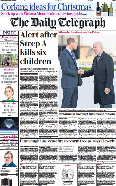 The Daily Telegraph Newspaper Front Page (UK) for 3 December 2022