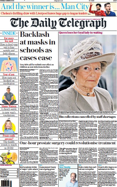 The Daily Telegraph Newspaper Front Page (UK) for 3 January 2022