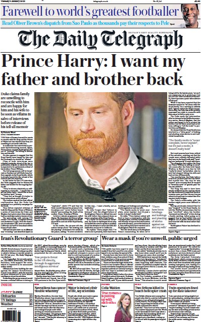 The Daily Telegraph Newspaper Front Page (UK) for 3 January 2023