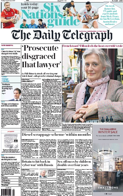 The Daily Telegraph Newspaper Front Page (UK) for 3 February 2017