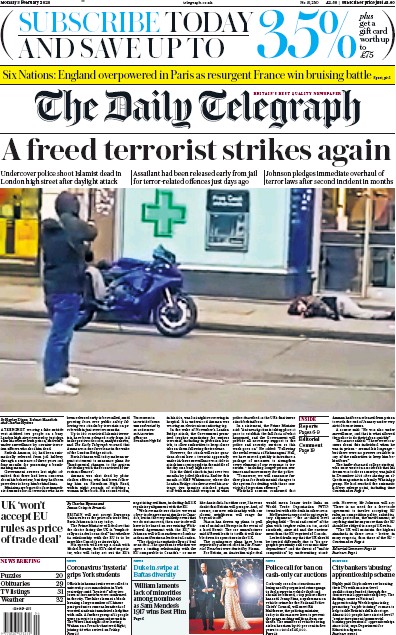 The Daily Telegraph Newspaper Front Page (UK) for 3 February 2020