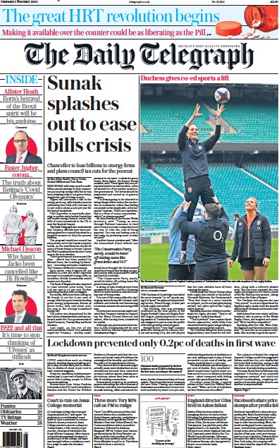 The Daily Telegraph Newspaper Front Page (UK) for 3 February 2022