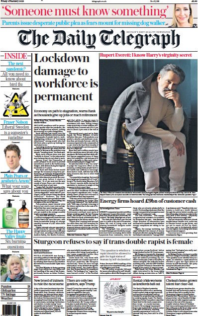 The Daily Telegraph Newspaper Front Page (UK) for 3 February 2023