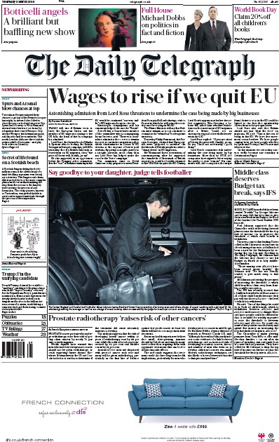 The Daily Telegraph Newspaper Front Page (UK) for 3 March 2016