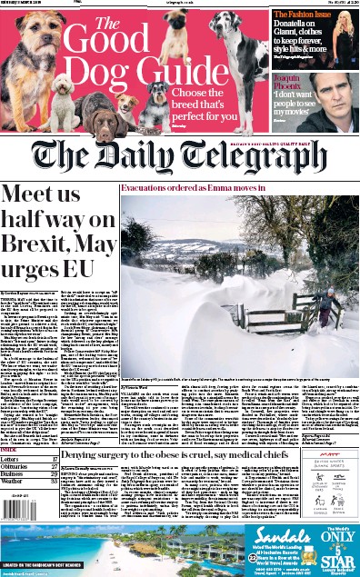 The Daily Telegraph Newspaper Front Page (UK) for 3 March 2018
