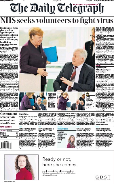 The Daily Telegraph Newspaper Front Page (UK) for 3 March 2020