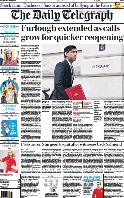 The Daily Telegraph Newspaper Front Page (UK) for 3 March 2021