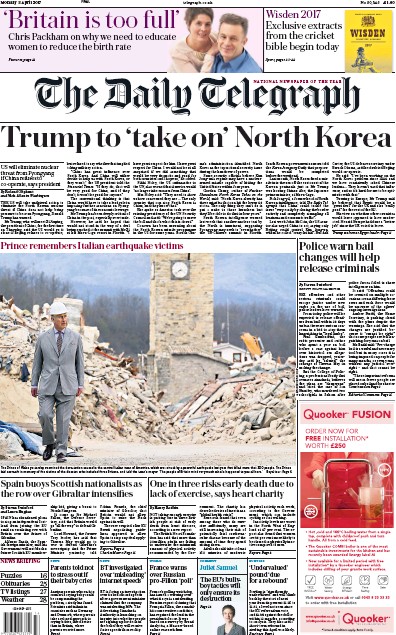 The Daily Telegraph Newspaper Front Page (UK) for 3 April 2017