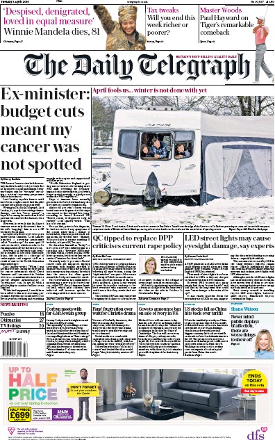 The Daily Telegraph Newspaper Front Page (UK) for 3 April 2018