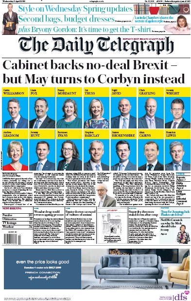 The Daily Telegraph Newspaper Front Page (UK) for 3 April 2019