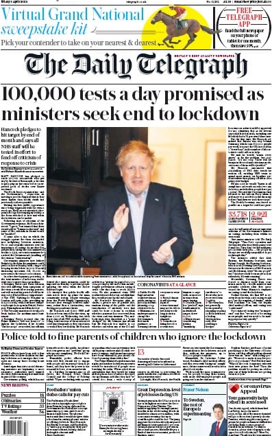 The Daily Telegraph Newspaper Front Page (UK) for 3 April 2020
