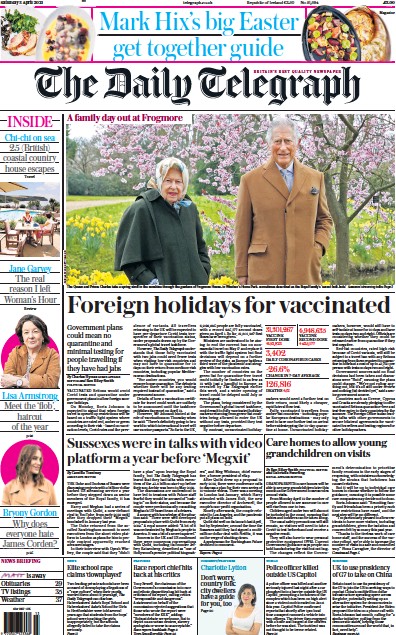 The Daily Telegraph Newspaper Front Page (UK) for 3 April 2021